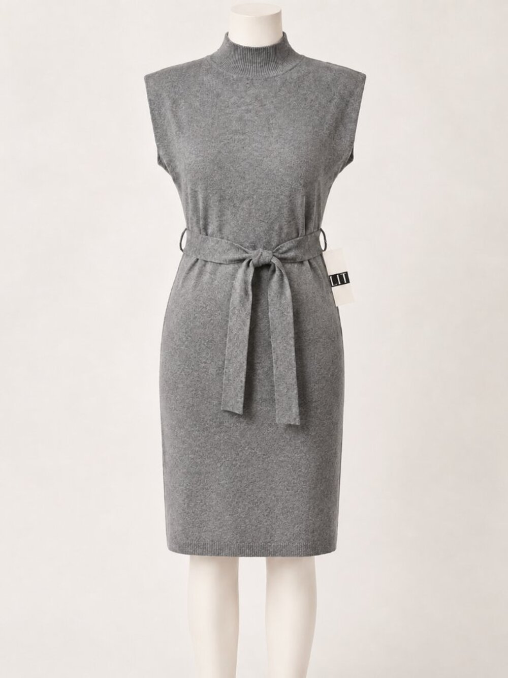 NWT Le Lis Gray Mock Neck Belted Knit Midi Sweater Dress M